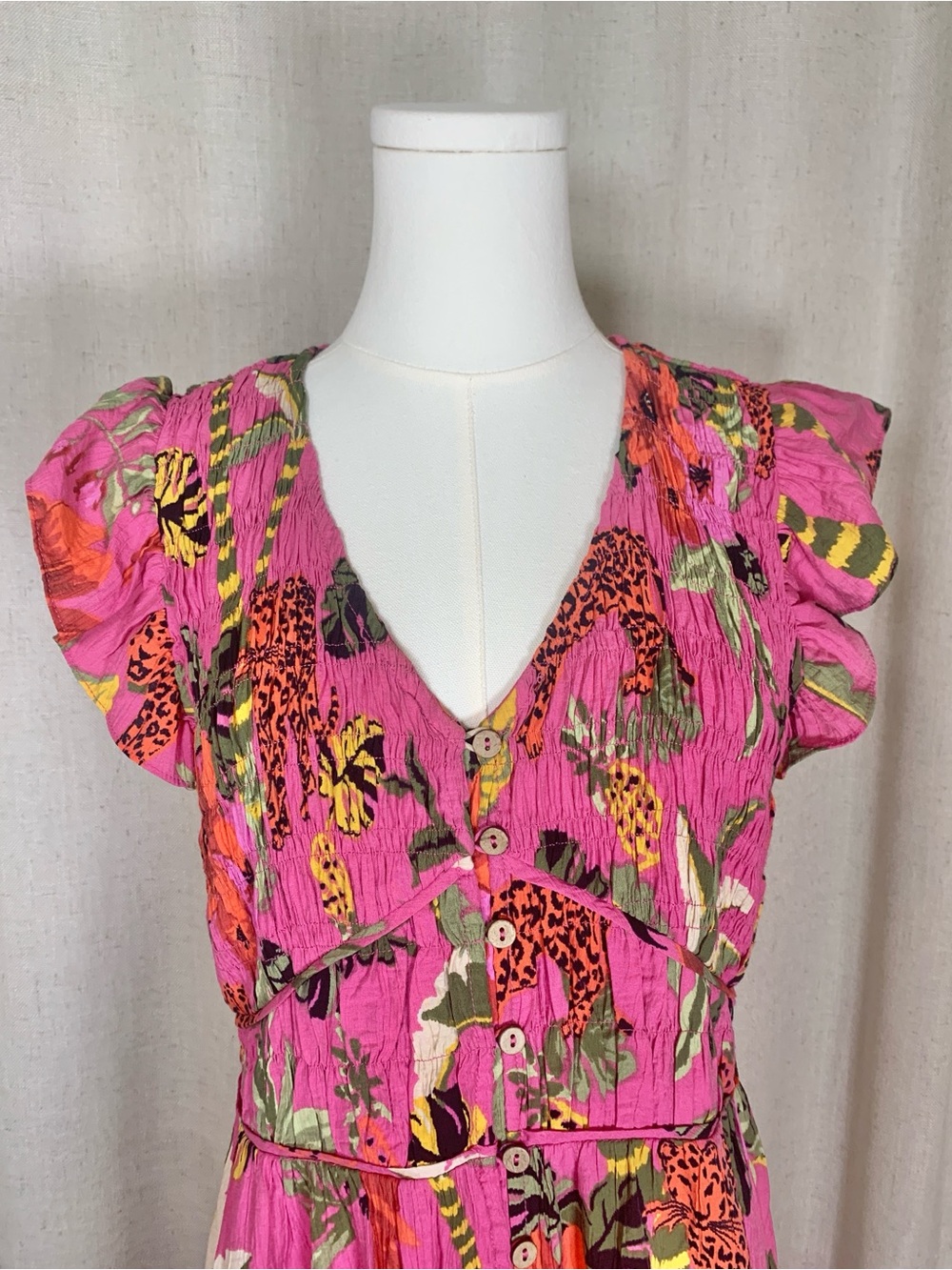 Easel Pink Tropical Jungle Print Maxi Dress | Boho Flutter Sleeve | Medium - Picture 5 of 7